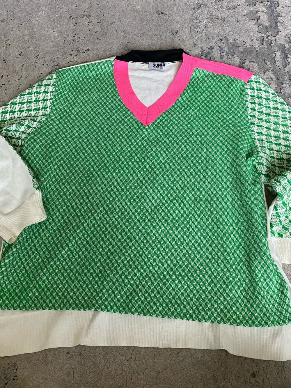 SONIA RYKIEL Green & Pink V‑Neck Patterned Women's Sweater - Picture 3 of 9